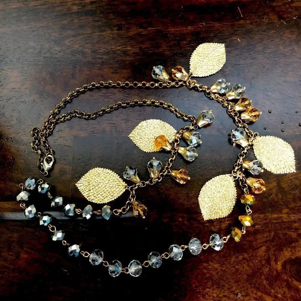 Sparkling Gold Leaves Long Necklace